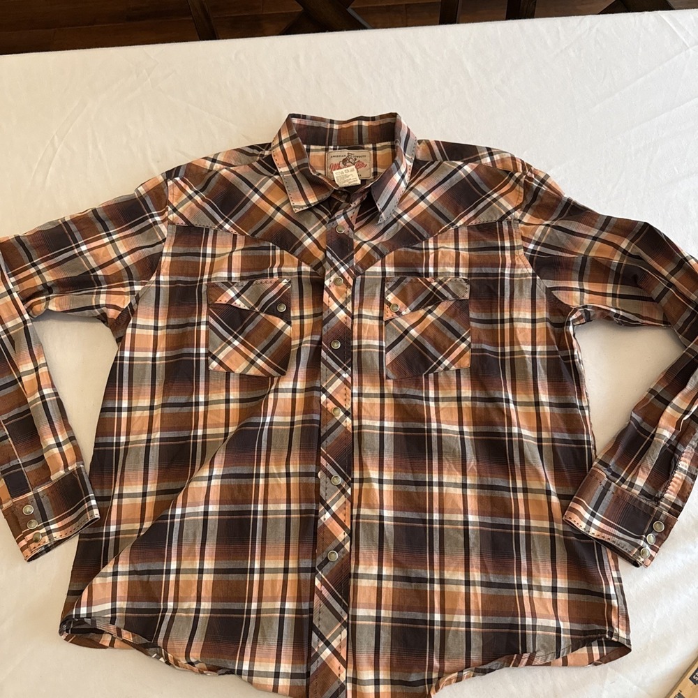 Wrangler Mens Western Shirt Plaid Long Sleeve Pearl Snap Brown XL MV1393M